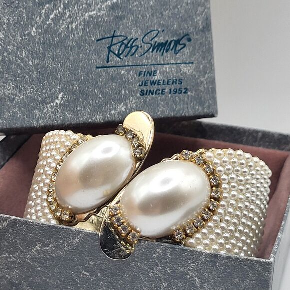 Ross Simons New in Box Vintage Pearls & Rhinestones Clamper Cuff Bracelet Hinged - Picture 2 of 7